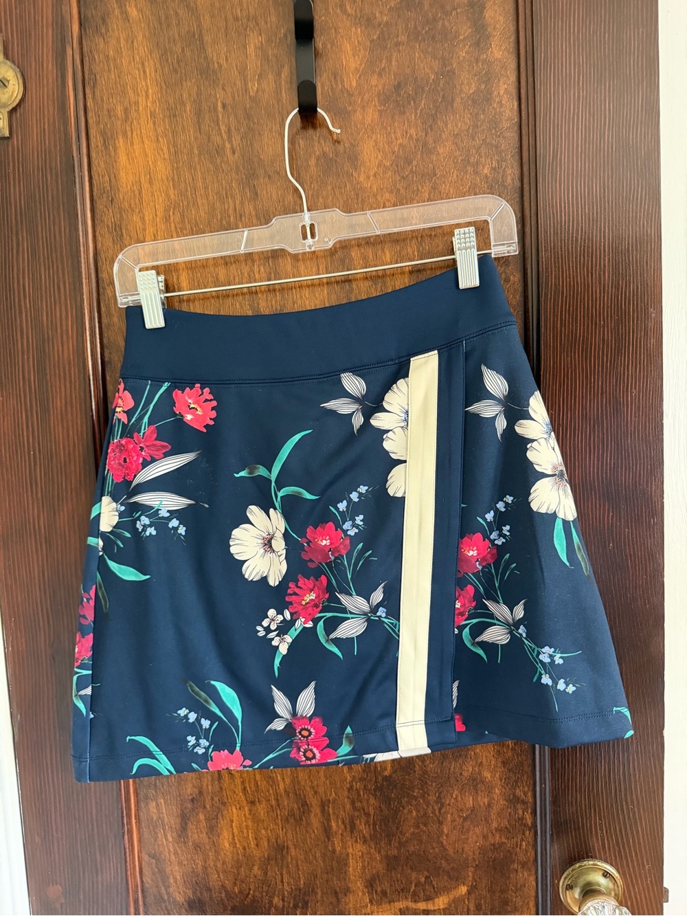 NWOT Lady Hagen Navy Floral Mini Skirt with Cream Stripe